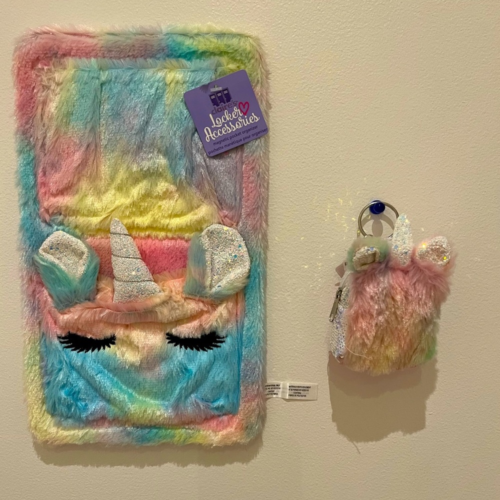 Locker decor: Magnetic furry pastel unicorn locker pockets & mini keychain combo